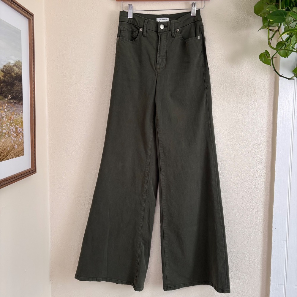 Good American good waist dark green palazzo jeans size 2 high rise wide leg